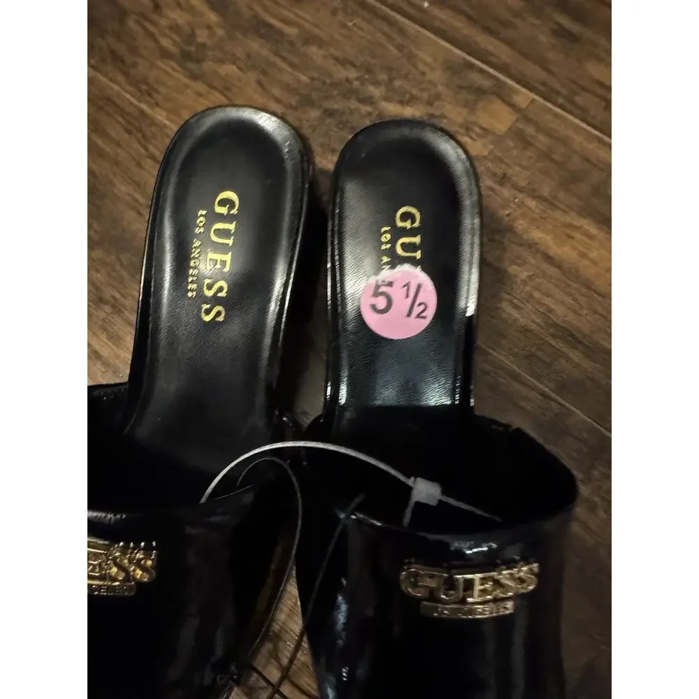 Guess Logo Black Shiny Mules Slip On Block Heels Open Toe Square Sz:5.5